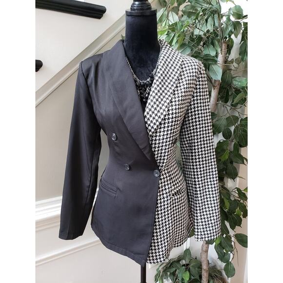 SHEIN Blazer Jacket Women Small Black White Houndstooth Double Breasted 4 Button - Picture 5 of 13
